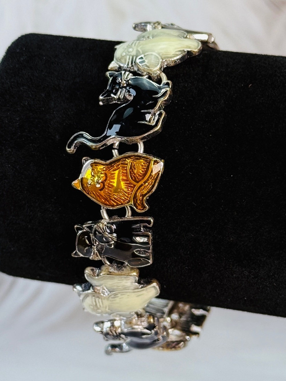 Whimsical Cat Link Bracelet Black Amber Cream Enamel Magnetic Closure